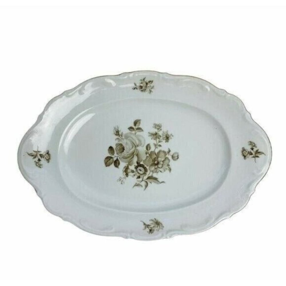 Bavaria Germany Mitterteich Serving Platter Grey Rose Dish Vintage Plate 14.75"